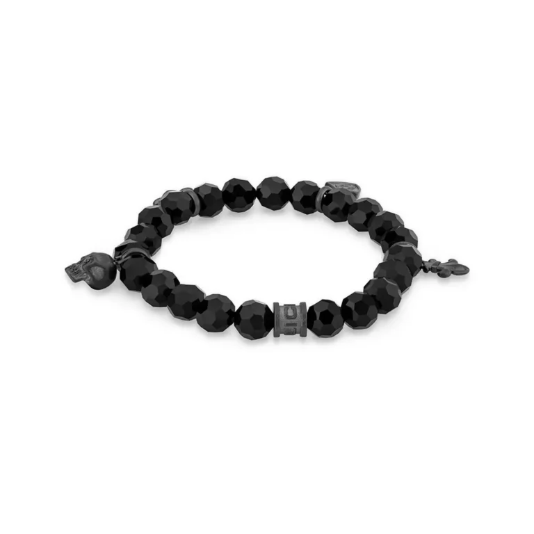 Black beaded bracelet featuring faceted stones and decorative charms, including a skull and cross motifs, exuding a bold, edgy style.