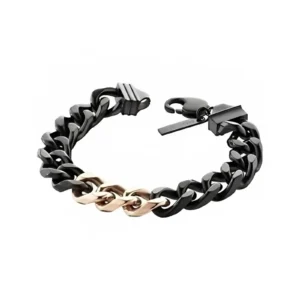Stylish chunky bracelet featuring glossy black links with a rose gold twist, secured with a sleek clasp.