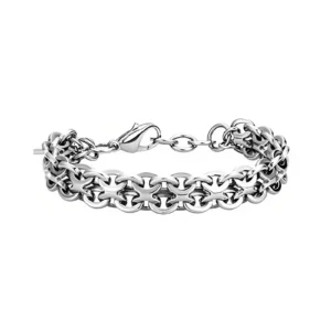 Stylish silver bracelet featuring interlinked chains with a secure lobster clasp, exuding elegance and modern sophistication.