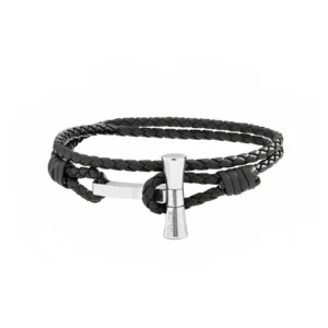 Black braided leather bracelet featuring a sleek silver clasp with "POLICE" branding, showcasing a modern and stylish design.