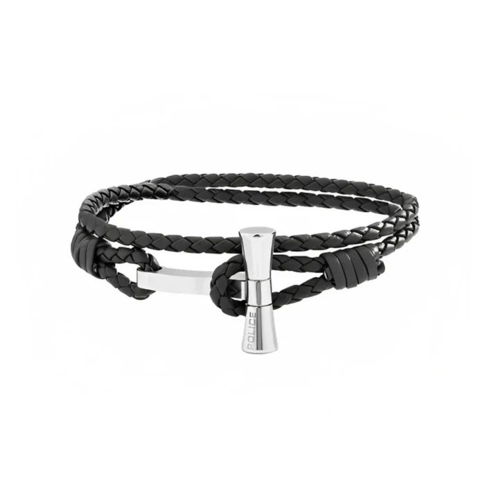 Black braided leather bracelet featuring a sleek silver clasp with "POLICE" branding, showcasing a modern and stylish design.