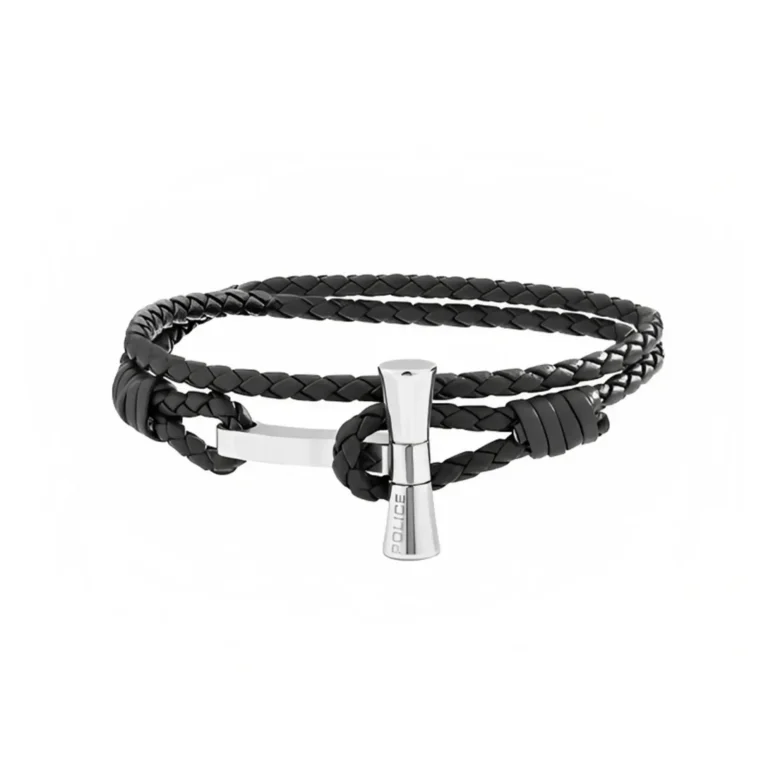 Black braided leather bracelet featuring a sleek silver clasp with "POLICE" branding, showcasing a modern and stylish design.