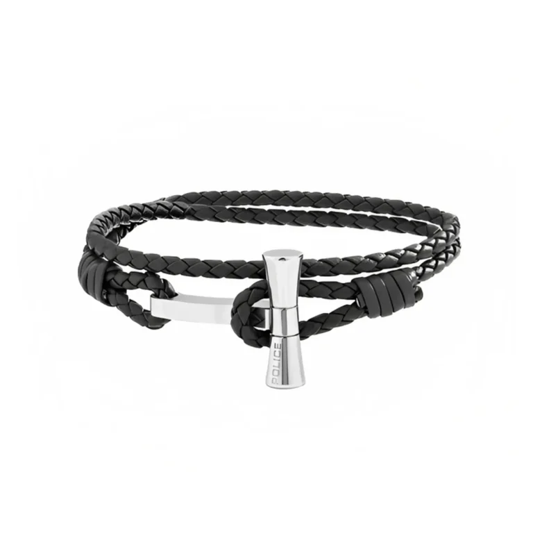 Black braided leather bracelet featuring a sleek silver clasp with "POLICE" branding, showcasing a modern and stylish design.