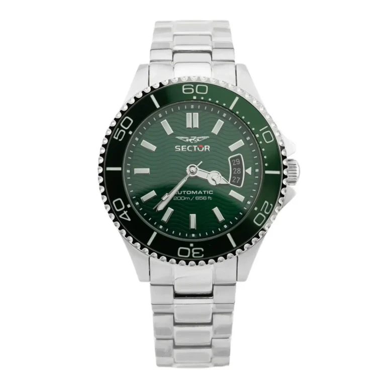 A silver automatic watch with a dark green face, featuring luminous hour markers and a date display, set on a metal bracelet.