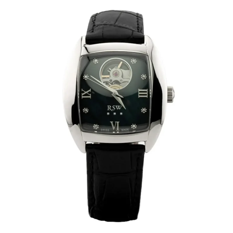 Black leather strap watch with silver case, displaying Roman numerals and an intricate mechanical movement through a transparent dial.