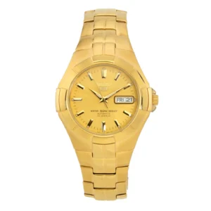 Auksinis „Seiko“ automatinis rankinis laikrodis su apvaliu ciferblatu, datos ekranu ir atsparumu vandeniui, uždėtas ant poliruoto metalo apyrankės.