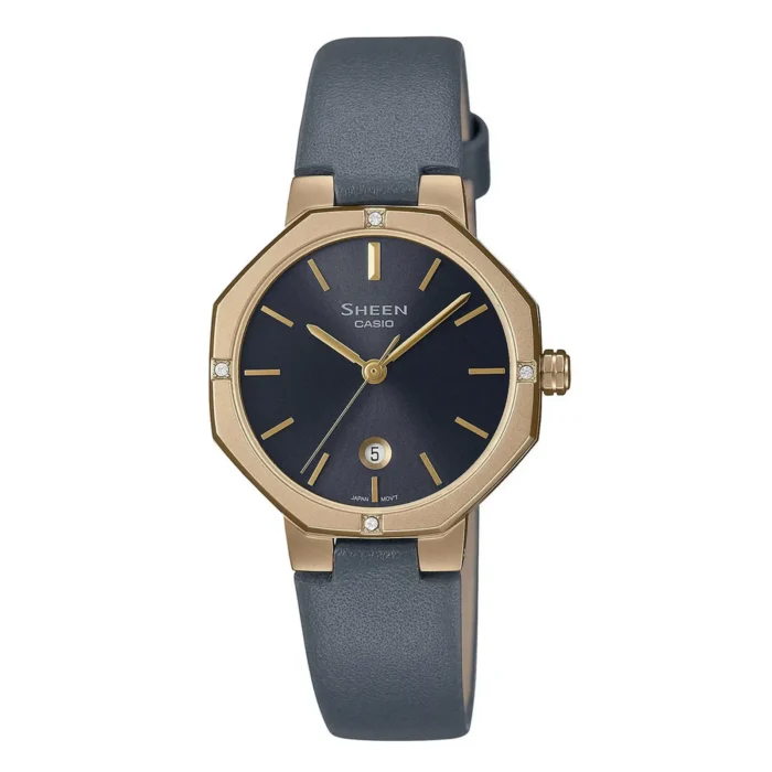 SHE-4543GL-8AUER Gold-toned octagonal watch with a navy dial, diamond markers, and a gray leather strap, showcasing elegance and style.