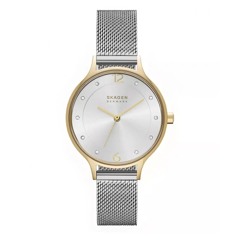 A stylish Skagen watch featuring a silver dial, gold accents, and a mesh band, embellished with sparkling hour markers.