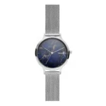 A sleek Skagen watch featuring a deep blue marble dial and a silver mesh strap, blending elegance with modern design.