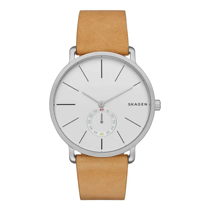 SKAGEN SKW6215 Silver Skagen watch with a minimalist white face, thin hour markers, and a light brown leather strap.