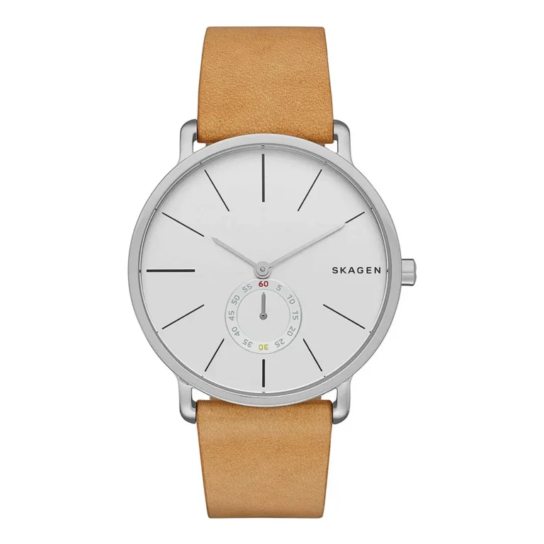 Silver Skagen watch with a minimalist white face, thin hour markers, and a light brown leather strap.