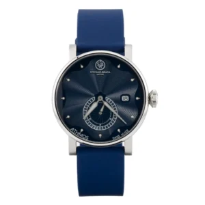Blue silicone strap watch by Stefano Braga featuring a textured navy dial, date indicator, and Swiss craftsmanship.