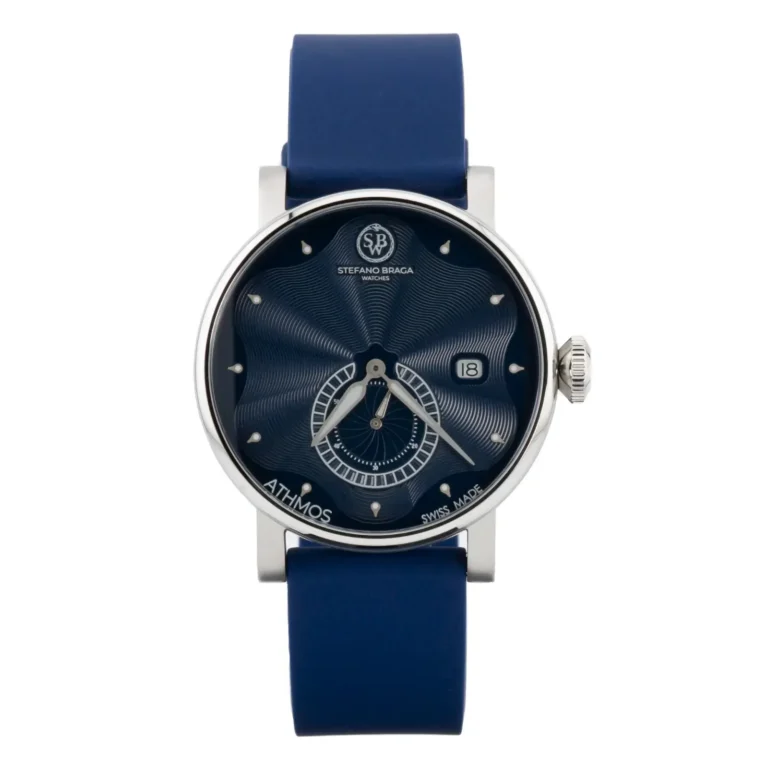 Blue silicone strap watch by Stefano Braga featuring a textured navy dial, date indicator, and Swiss craftsmanship.