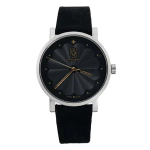 Sleek black watch by Stefano Braga, featuring a textured round face, gold accents, and a black suede strap. Elegant and modern design.