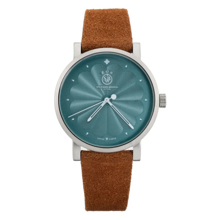 A stylish watch featuring a teal textured face, silver hands, and a brown suede strap, branded "EOS Stefano Braga."