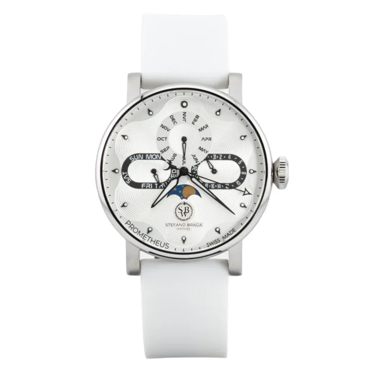 Silver watch with white rubber strap, featuring a textured dial, day and date functions, and a moon phase indicator.