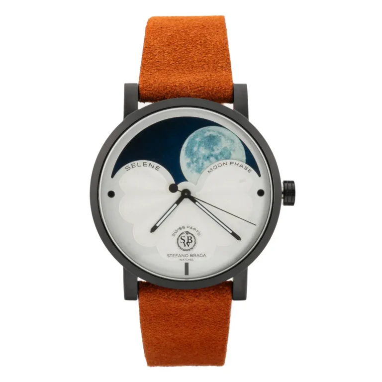Stylish watch with a black face featuring a moon phase display and cloud motifs, complemented by an orange suede strap.