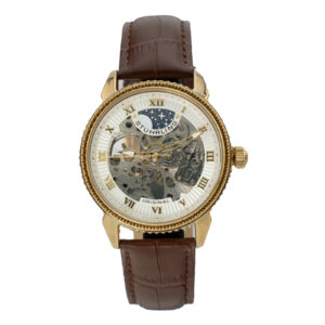 „Stuhrling“ laikrodis su aukso spalvos korpusu, sudėtingais mechaniniais mechanizmais ir rudu odiniu dirželiu.