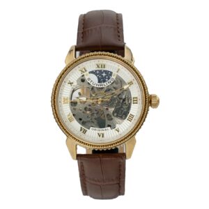 En Stuhrling skelettklocka med guldfärgad boett, detaljerade mekaniska rörelser och brun läderrem.