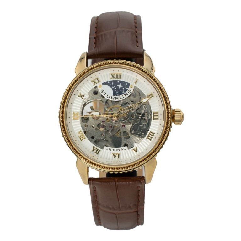Часы-скелетон Stuhrling с корпусом в золотых тонах, замысловатыми механическими механизмами и коричневым кожаным ремешком.