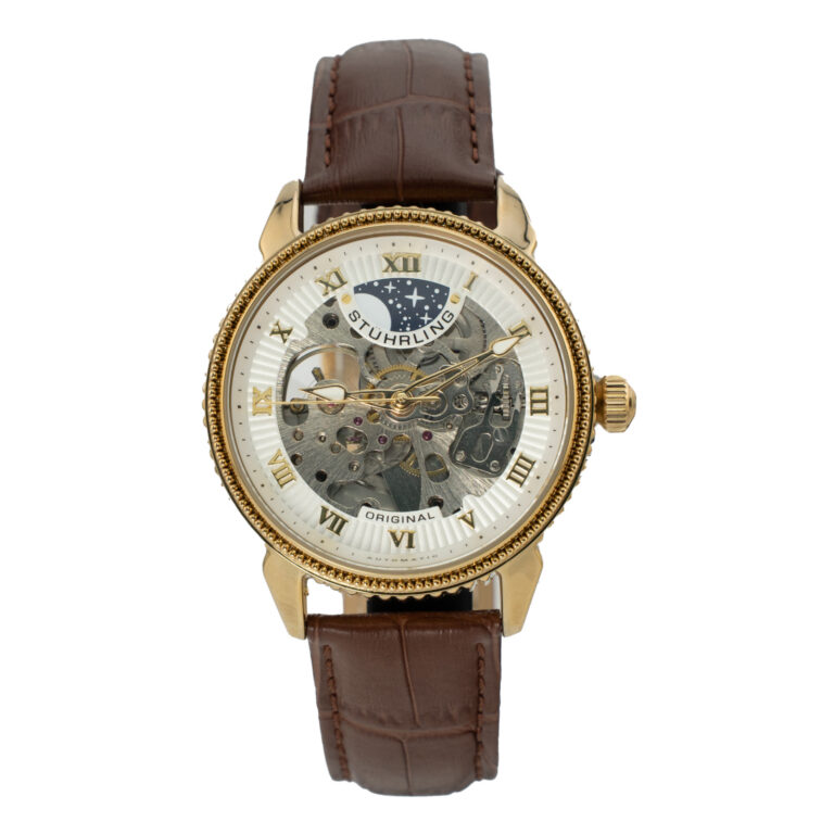 „Stuhrling“ laikrodis su aukso spalvos korpusu, sudėtingais mechaniniais mechanizmais ir rudu odiniu dirželiu.