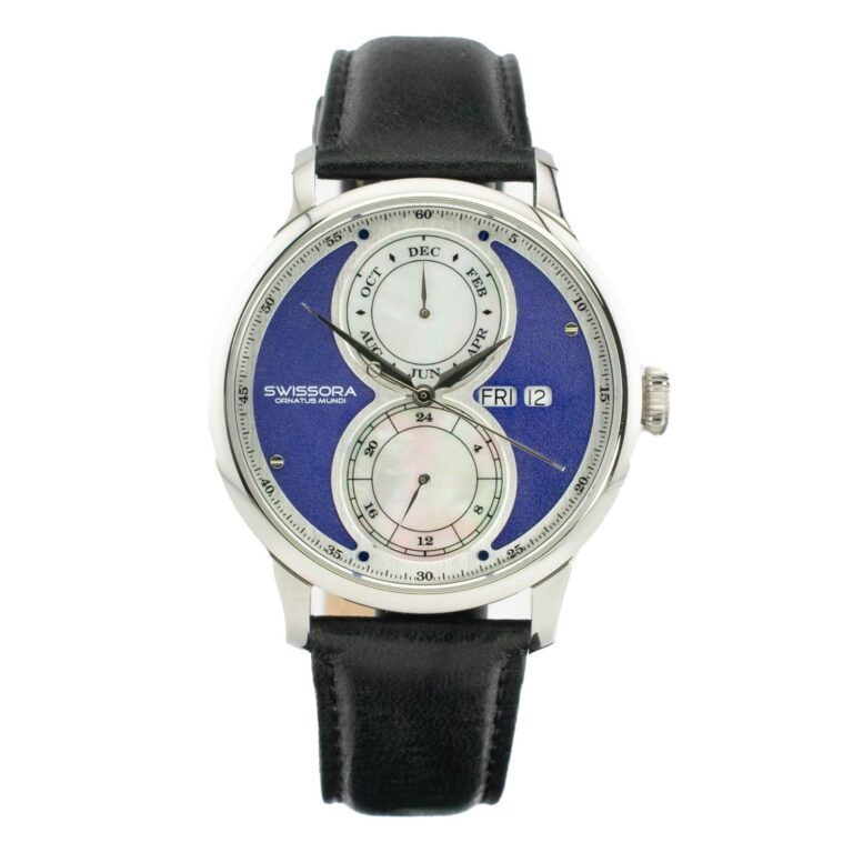 Мужские часы Swissora с синим циферблатом, двумя дополнительными циферблатами и черным кожаным ремешком, отображающие функции дня и месяца.
