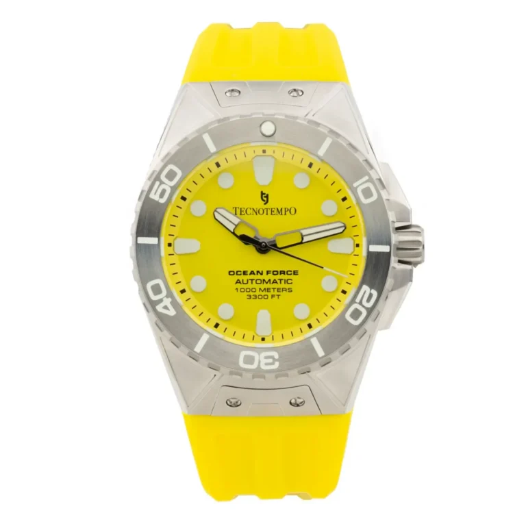 A bright yellow Tecnotempo Ocean Force automatic watch with a transparent case and silicone strap, showcasing bold black and white hour markers