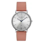 TED BAKER TE50012001 Ted Baker sidabrinis laikrodis su skaitmeniniais žymekliais, mėlynos ir žalios spalvos rodyklėmis ir minkštos rausvos odos dirželiu. Elegantiškas ir modernus dizainas.