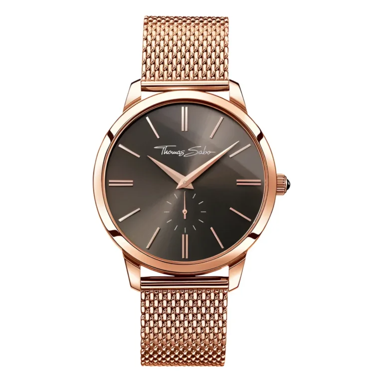 Rose gold mesh watch by Thomas Sabo features a dark dial with sleek hour markers and a minimalist second hand. Elegant and stylish design.