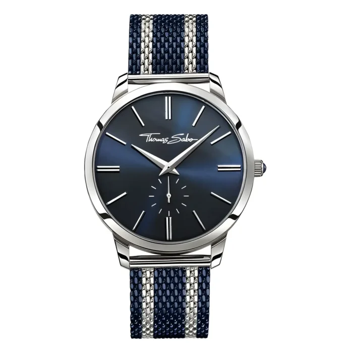 Silver watch with a blue gradient dial, classic hour markers, and a textured blue strap featuring white stripes.
