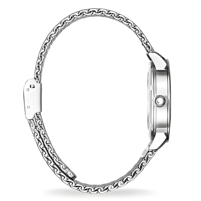 THOMAS SABO WA0273-3 Side view of a sleek silver watch featuring a chain-link band and a simple, elegant round face with a single crown.