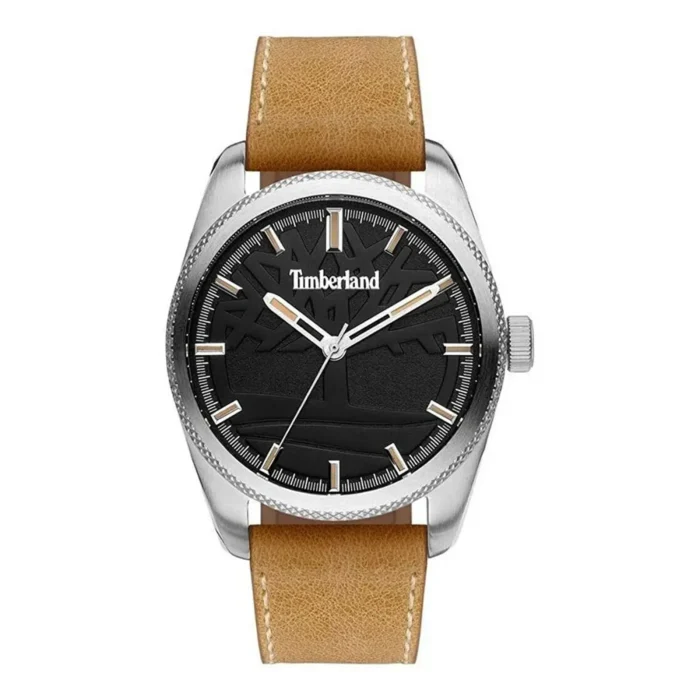 A Timberland watch featuring a black textured dial with tree design, silver-tone case, and a tan leather strap.