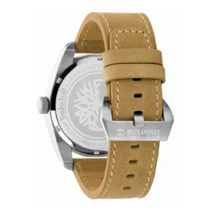 Back view of a Timberland watch featuring a stainless steel case and tan leather strap with a silver logo buckle.