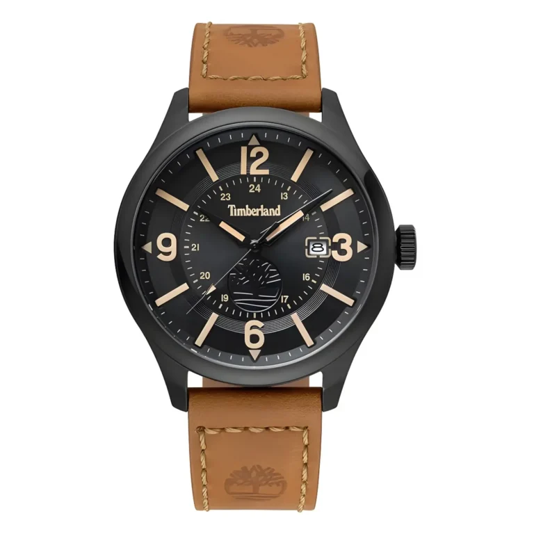 Black Timberland watch with beige leather strap, featuring large numerals, date display, and brand logo on the dial.