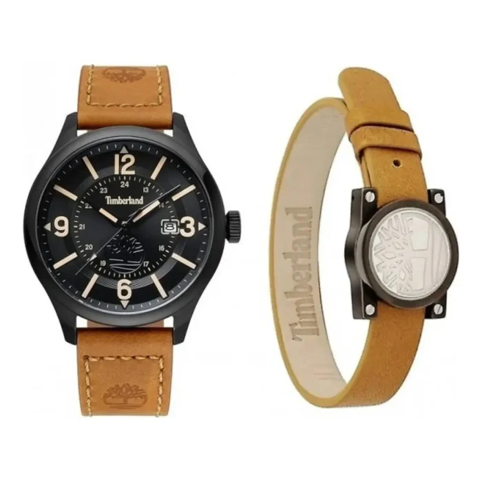 A black Timberland watch with a tan leather strap, paired with a tan leather bracelet featuring a simple metal logo charm.