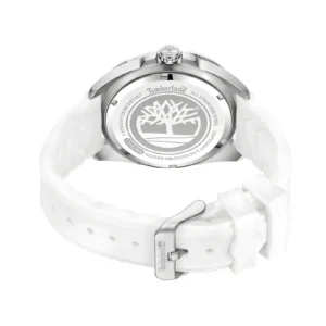 Close-up of a Timberland watch with a stainless steel back, featuring a white strap and the iconic Timberland tree logo.