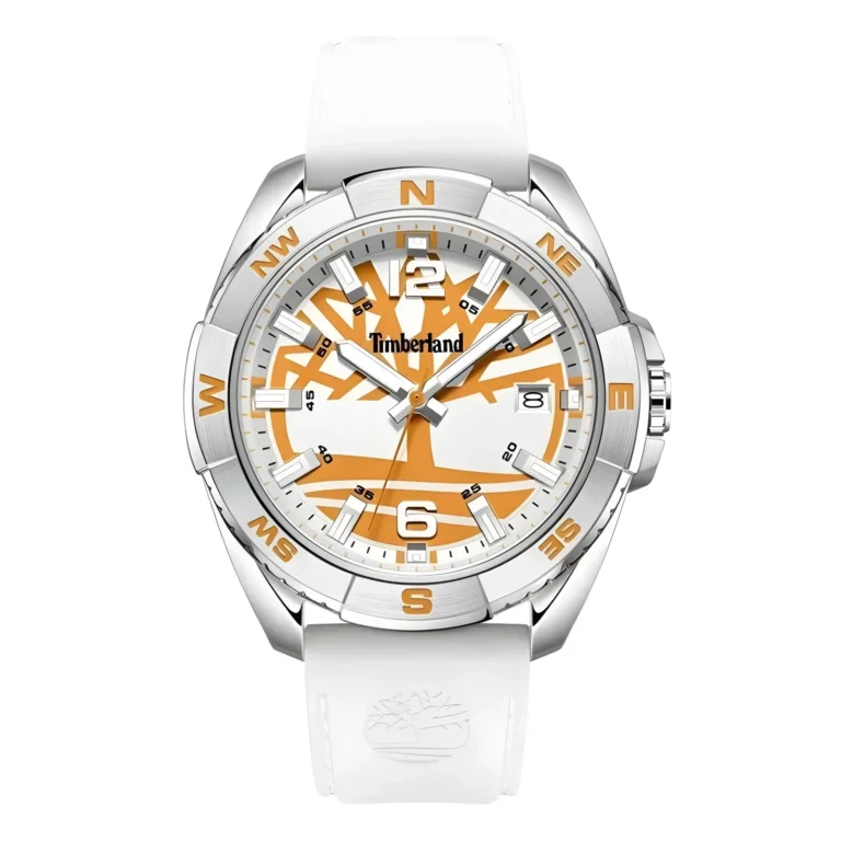 A Timberland men's watch featuring a silver case, white strap, and bright orange accents on the face with a tree logo.