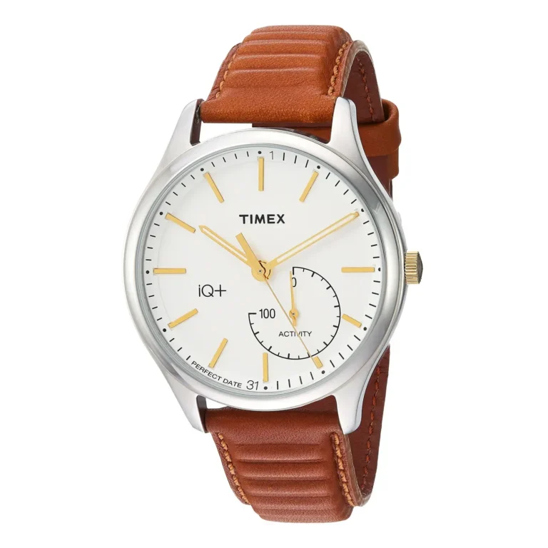 Timex iQ+ watch featuring a white dial, golden hands, and a brown leather strap, showcasing an activity tracker and date indicator.