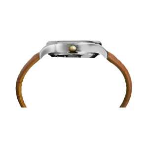 Side view of a sleek silver watch with a gold crown and a rich brown leather strap, showcasing its modern design.