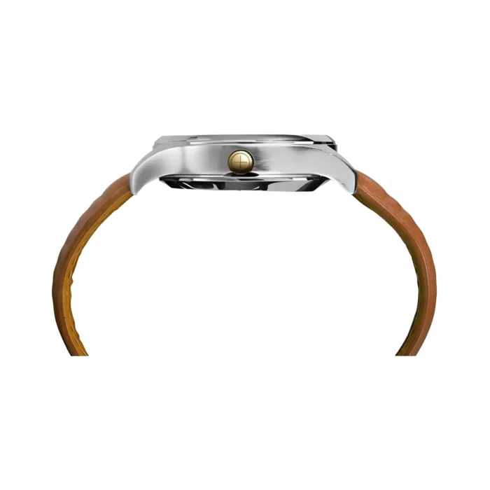 Side view of a sleek silver watch with a gold crown and a rich brown leather strap, showcasing its modern design.