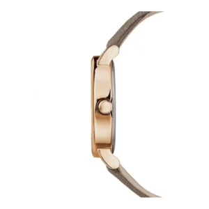 Side view of a sleek wristwatch featuring a gold-tone case, textured beige strap, and a prominent crown for adjustments.