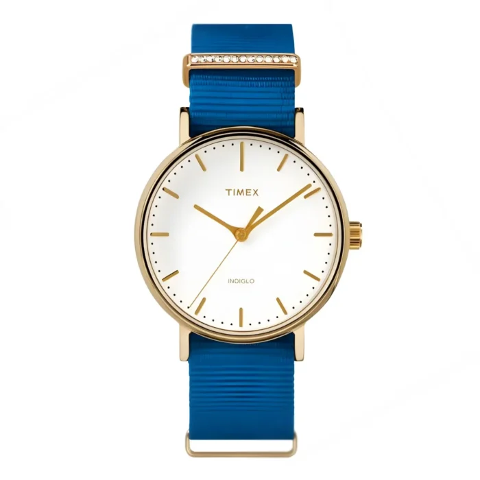 A stylish Timex watch featuring a gold-tone case, white dial, and a vibrant blue silicone strap with a decorative accent.