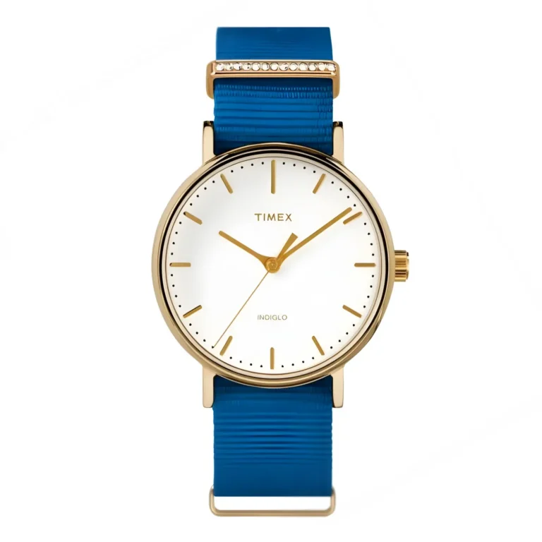A stylish Timex watch featuring a gold-tone case, white dial, and a vibrant blue silicone strap with a decorative accent.