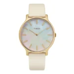 A gold Timex watch with a shimmering mother-of-pearl dial and minimalist design, featuring a cream leather strap.
