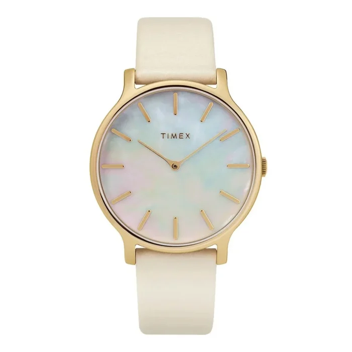A gold Timex watch with a shimmering mother-of-pearl dial and minimalist design, featuring a cream leather strap.