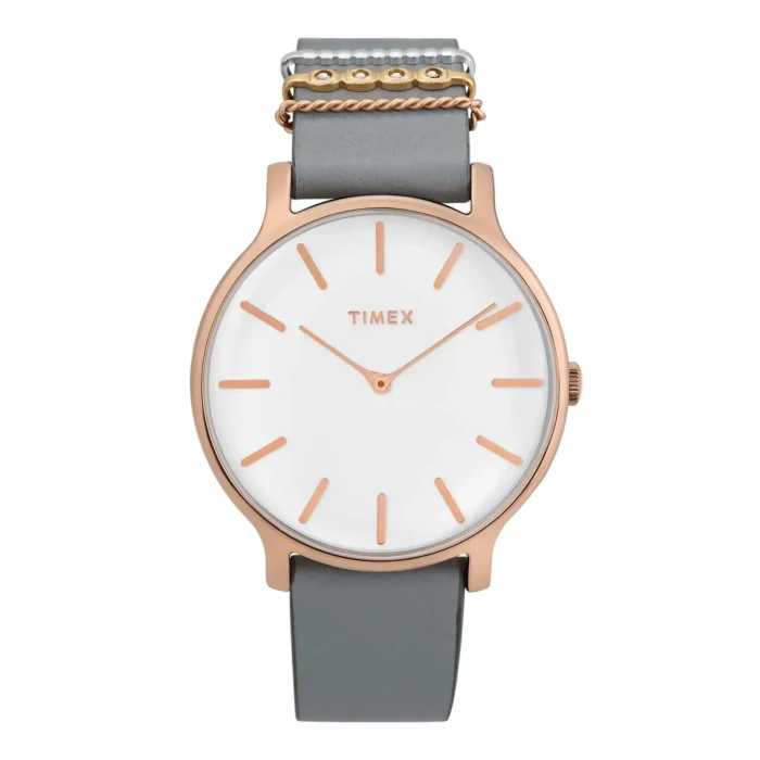 TIMEX TW2T45400 A stylish Timex watch featuring a white dial, rose gold accents, and a sleek gray strap, perfect for modern elegance.