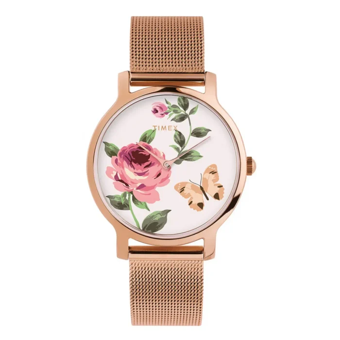 Rose gold Timex watch featuring a floral design with a pink rose and butterfly on a white background, complemented by a mesh strap.