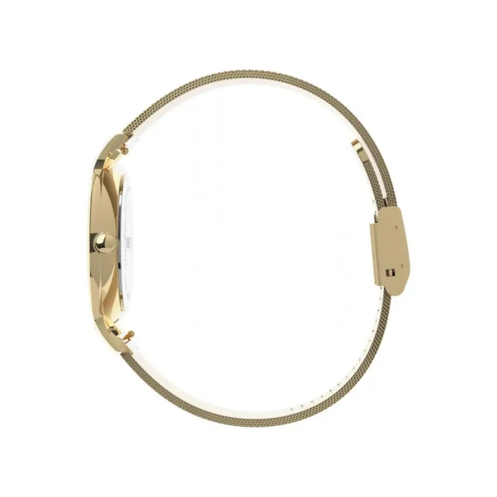 TIMEX TW2U19100-2 Elegants zelta sietiņa pulkstenis ar apaļu, baltu ciparnīcu, minimālistisku dizainu un drošu aizdari.