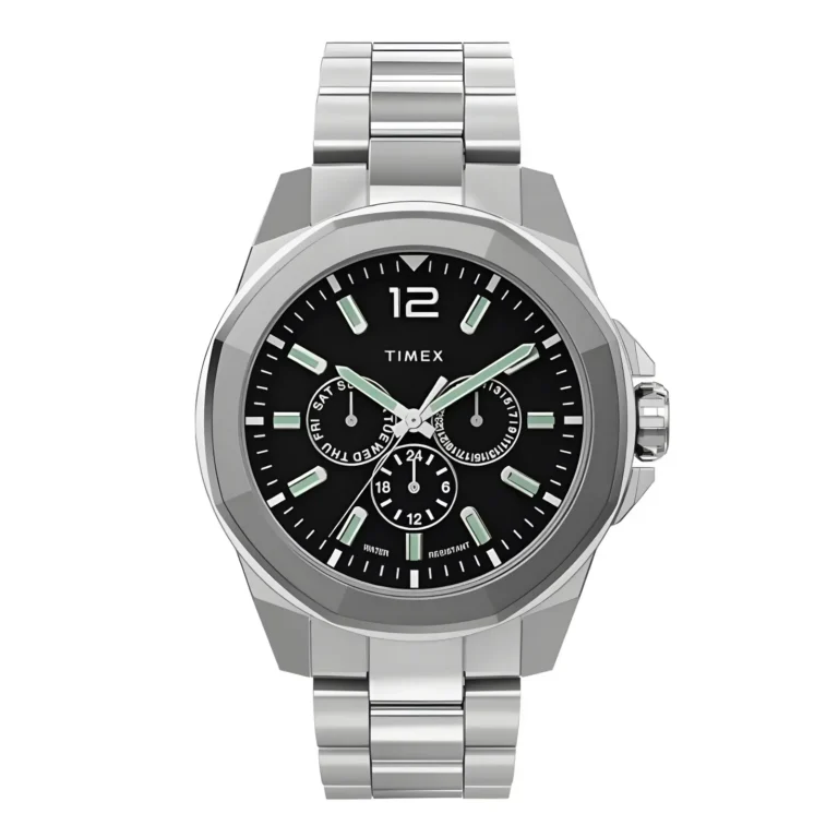 A sleek Timex wristwatch with a black dial, silver stainless steel band, and luminous hands showcasing a modern, sporty design.