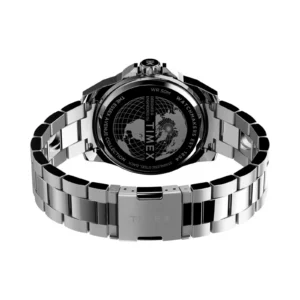 A sleek stainless steel Timex watch with a black engraved case back featuring a globe design and a sturdy link bracelet.